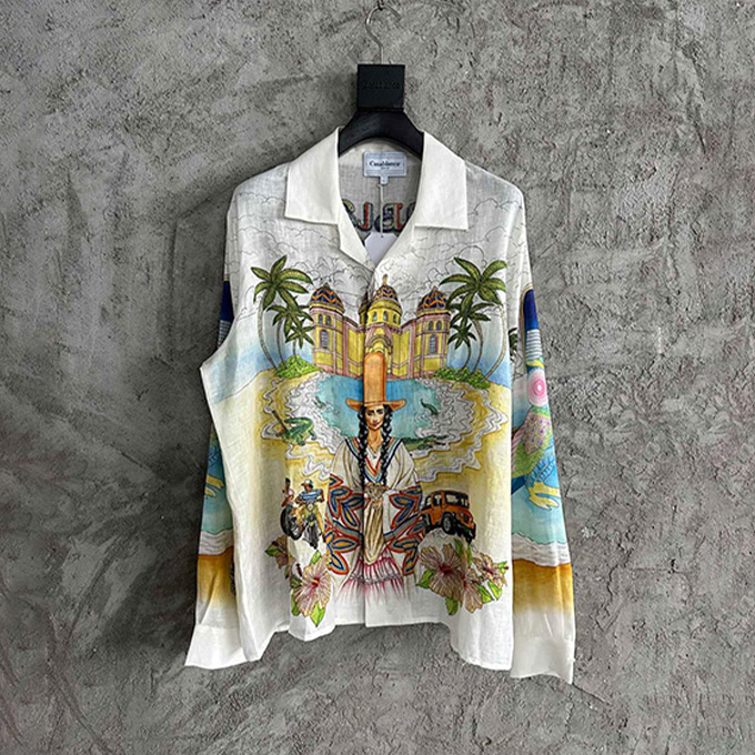 casablanca owl landscape print linen long sleeve shirt